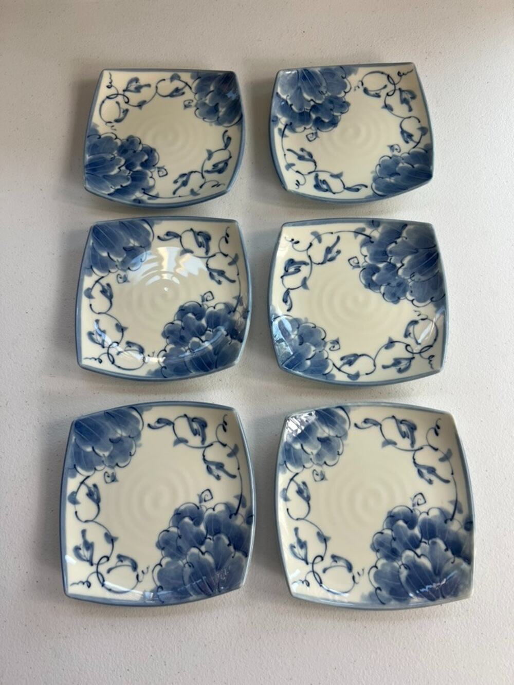 Asian Dessert Plate Set of 6 5.5" Square Blue Floral Pottery Ceramics